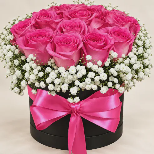 Flower Box Mawar Pink dan Baby’s Breath | Amarin Florist